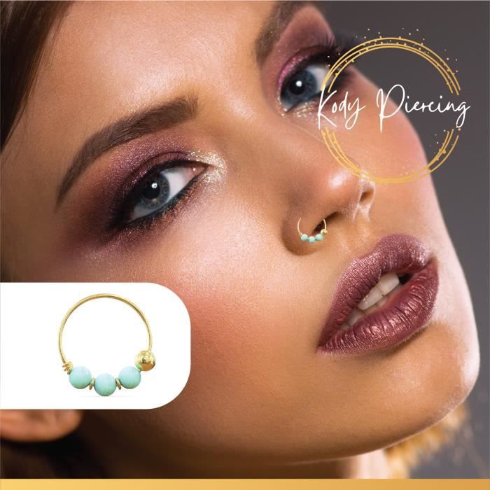 KODY PIERCING Anneau En Or Jaune 14 carats avec 3 Pierres Précieuses en Opale vert d'eau
