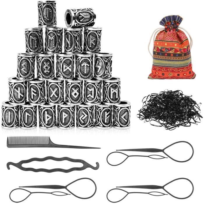 Viking Bijoux, Perles Rune Viking,Nordiques Perles, Kit De Perles Runiques Perles, 24 Perles TresséEs Pour Cheveux Avec Perles A603