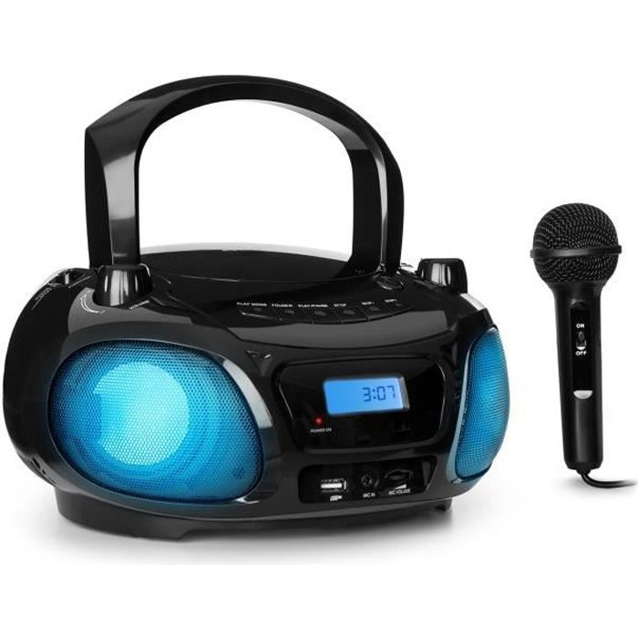 auna Roadie Sing Boombox lecteur CD CD-RW MP3 avec tuner radio FM , port USB , récepteur Bluetooth 3.0 - Micro karaoké inclus - Noir