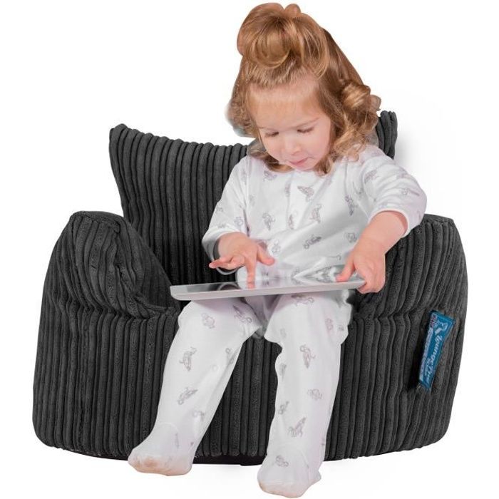 LOUNGE PUG®, Fauteuil Bambin, Pouf Enfant, Côtelé Noir
