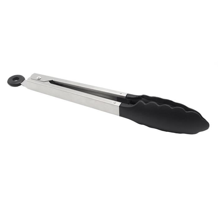 Pince resistant a la chaleur en acier inoxydable avec Silicone chefs, Pince de Barbecue,Noir
