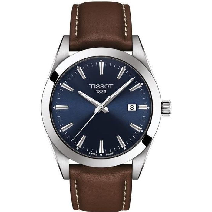 Montre Bracelet - TISSOT - Montre Tissot Gentleman cuir marron fond bleu