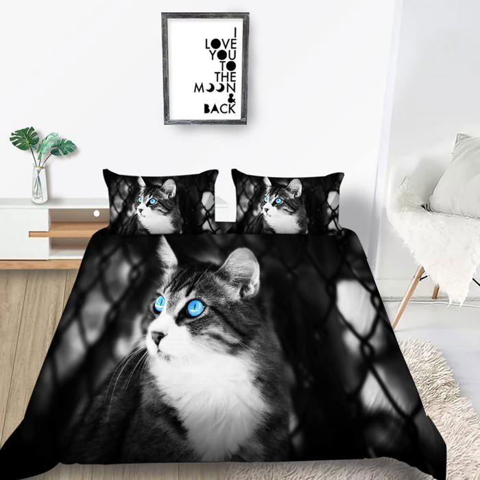 Parure De Lit 3D 1 Personne 90x200cm - Housse De Couette + 2 Taies - Motif Chat - Microfibre Douce - 2