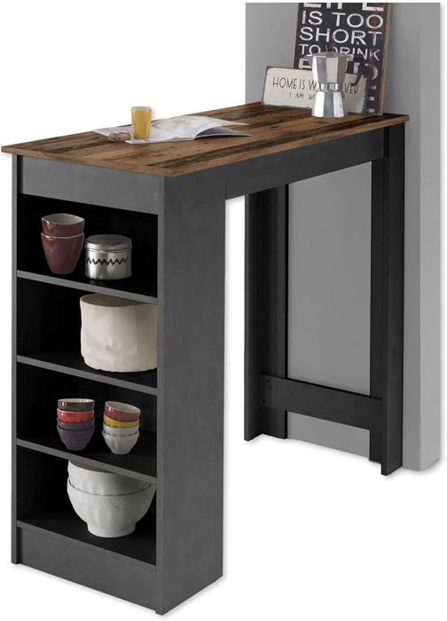 Table De Bar MOJITO - Style Ancien, Plateau Bois, étagère Béton - 115x103x50 Cm