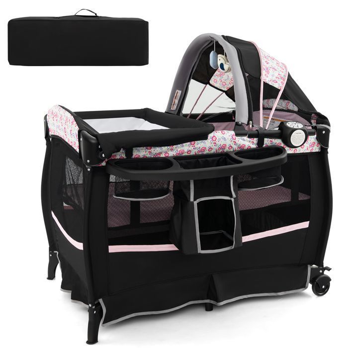 Lit Parapluie Bébé Pliant COSTWAY 4 en 1-avec Matelas Boîte à Musique Toit Réglable-Table à Langer Rabattable-3 Ans-Noir Colorés Lit Parapluie Bébé Pliant COSTWAY 4 en 1-avec Matelas Boîte à Musique Toit Réglable-Table à Langer Rabattable-3 Ans-Noir Colorés