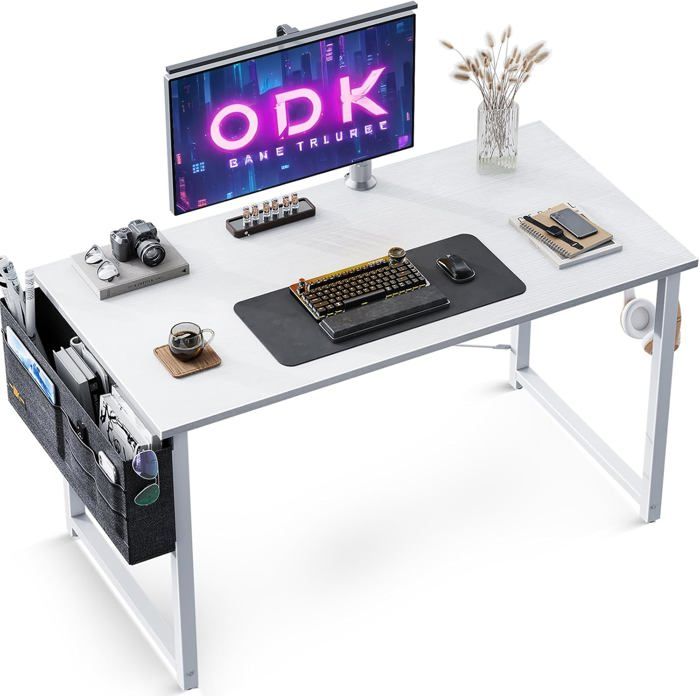 Bureau D'Ordinateur ODK 80x40cm - Blanc Avec Sac De Rangement Et Crochet - Parfait Pour Petits Espaces