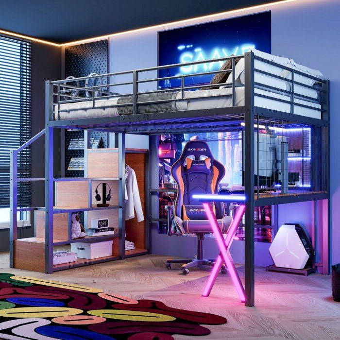 Lit mezzanine - LANGTU - 140 x 200 cm - Éclairage LED télécommandé - Bureau intégré - Échelle de rangement & penderie