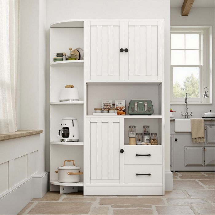 Buffet de cuisine - Novélys - 104x155cm - Meuble de Rangement avec 3 Portes & 2 Tiroirs - Étagère Modulable - Blanc