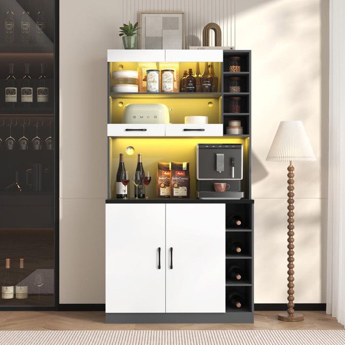 Buffet haut 100x47x187 cm avec trous pour câbles Buffet de cuisine avec éclairage dambiance LED Buffet salle a manger en blanc