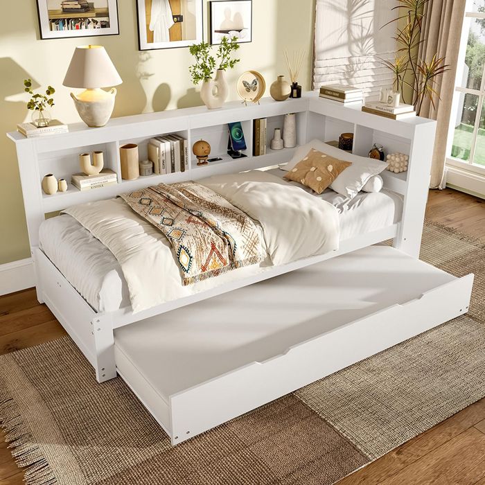 Banquette-lit en métal, 90 x 200 cm, avec lit gigogne, rangements, éclairage LED et ports USB, noir