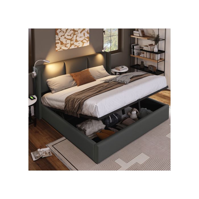 Lit Coffre 160 x 200 avec Sommier LED et USB Coffre de Rangement et Tête de Lit Double à Lattes pour 2 Personnes Cadre de lit Lit Coffre 160 x 200 avec Sommier LED et USB Coffre de Rangement et Tête de Lit Double à Lattes pour 2 Personnes Cadre de lit