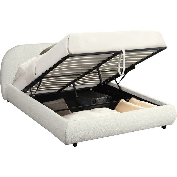 Lit coffre adulte 160x200 cm avec tête de lit matelassée en tissu bouclé beige - Madisson Lit coffre adulte 160x200 cm avec tête de lit matelassée en tissu bouclé beige - Madisson