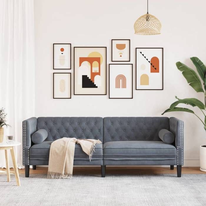 SWEETY@ Canapé Chesterfield - Sofa triple - 3 places - avec traversins - gris foncé velours LL842