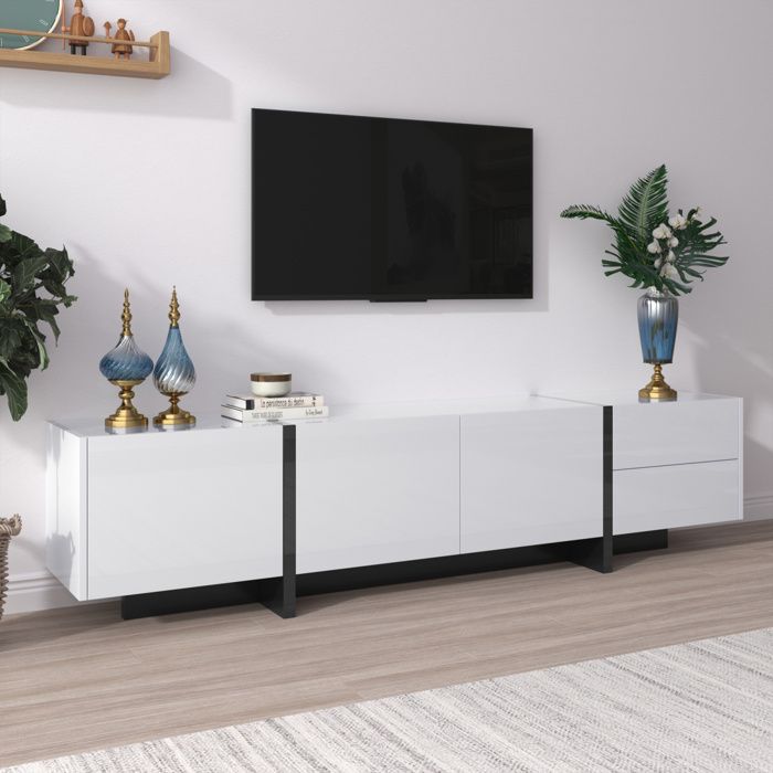 Meuble TV - Meuble TV bois - Blanc laqué et noir - 3 portes 2 tiroirs - 190 x 35 x 45 cm