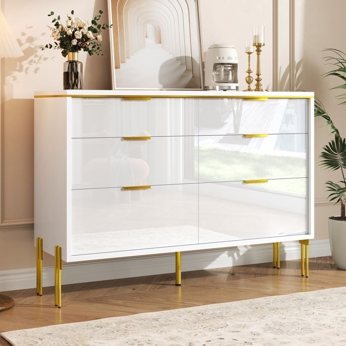 Buffet à 6 tiroirs en blanc et or - façades brillantes - grand espace de rangement pour le salon - la salle à manger et le couloir