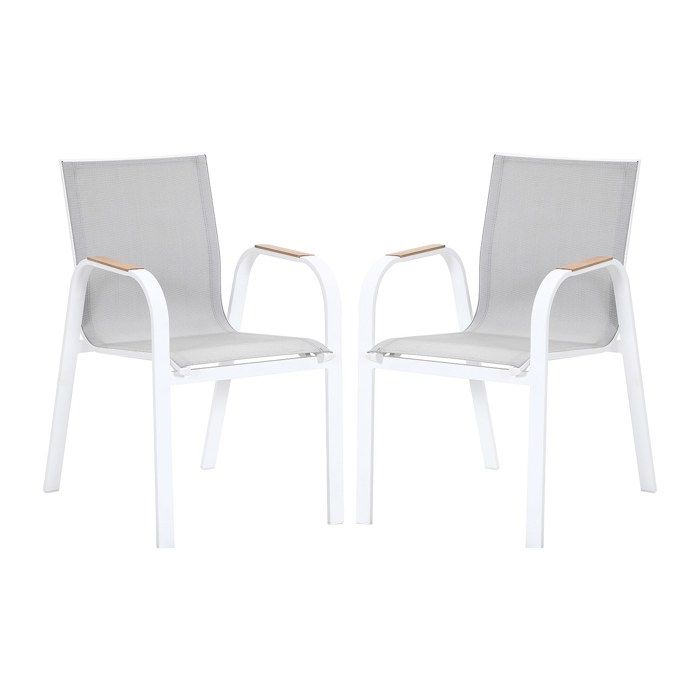 Lot de 2 fauteuils de jardin empilables en aluminium et textilène - Gris clair et blanc - ZEYVA de MYLIA Lot de 2 fauteuils de jardin empilables en aluminium et textilène - Gris clair et blanc - ZEYVA de MYLIA