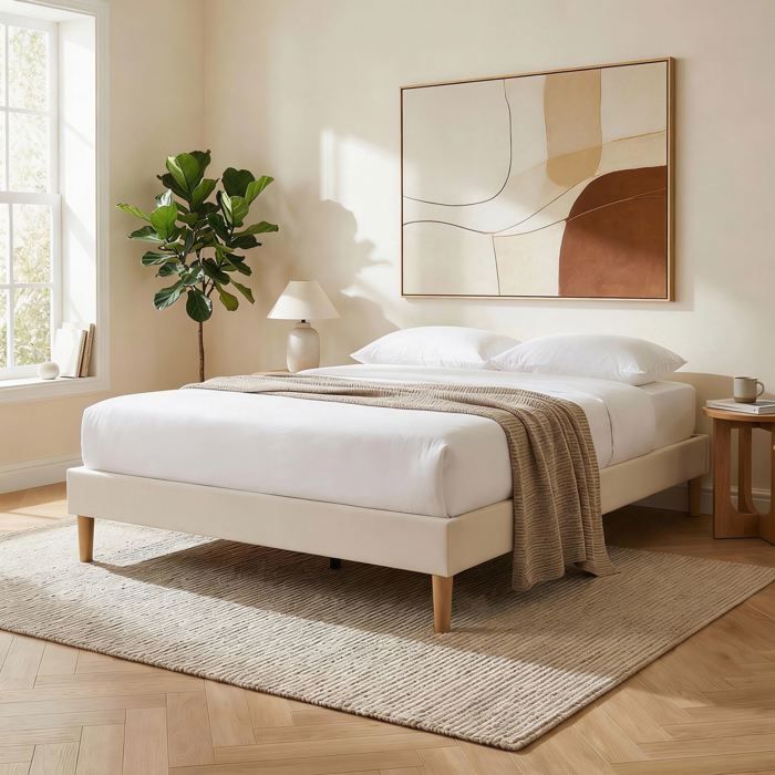 Sommier tapissier BREST 160 x 200 cm structure en bois et revêtement en tissu blanc crème cadre de lit avec pieds Sommier tapissier BREST 160 x 200 cm structure en bois et revêtement en tissu blanc crème cadre de lit avec pieds