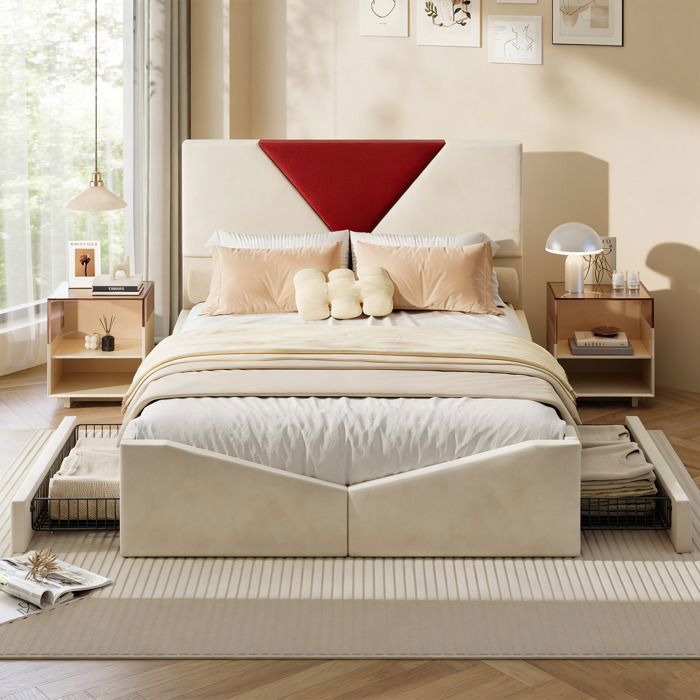 Lit Double 140x200CM avec 4 Tiroirs - Tête de Lit Triangulaire - Cadre de Lit Adulte/Adolescent avec Sommier -Tissu Velours - Beige