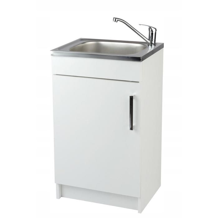 STAMAR Meuble sous Évier 50 cm Blanc + Évier Inox + Robinet Flex Pivotant Chrome + Siphon LV - 50x40x82 cm