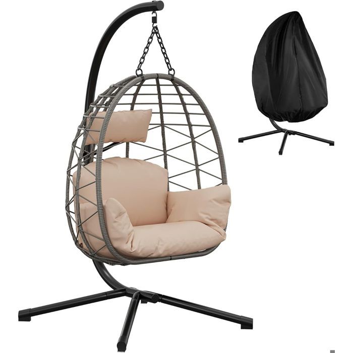 Fauteuil oeuf suspendu - TOYS S - intérieur et extérieur - panier pliable - coussin rembourré - cadre en acier - beige