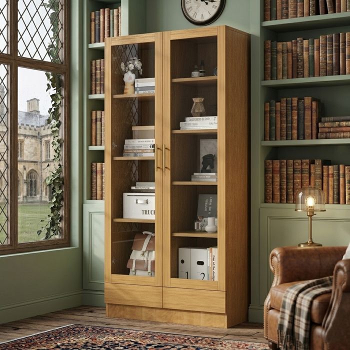 Vitrine Bibliothèque 80x40x160cm Meuble de Rangement avec 2 Tiroirs Push-to-Open Armoire Bureau & Salon aux Étagères Fixes