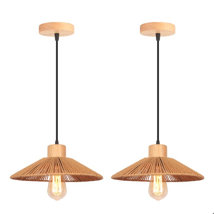 2 x Suspension en Rotin Tissage Lustre Forme Chapeau Ø30cm Abat-jour en Corde Naturel Lampe Suspendue Pour Bar Loft - SMOTOP