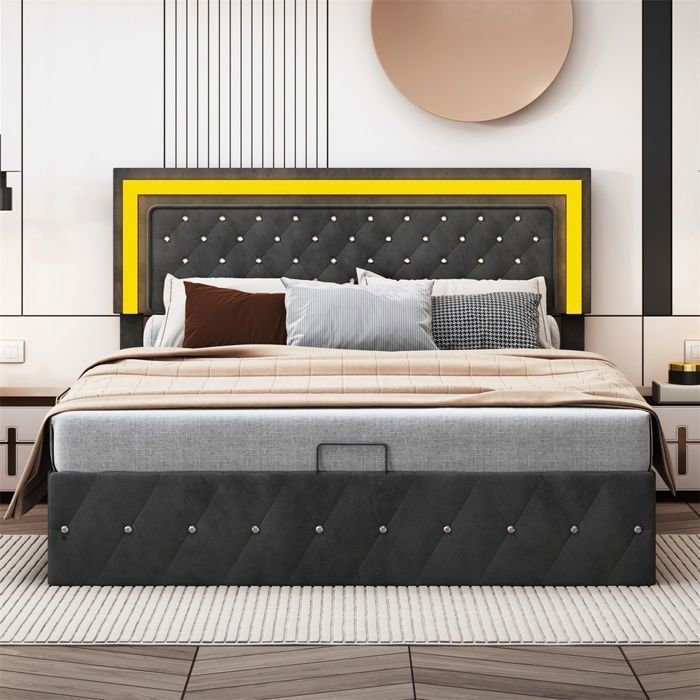 Lit double 160x200 cm - Lit coffre 160x200 cm - Design Capitonne à Boutons - Sans matelas - Sommier à Levage Hydraulique - Noir