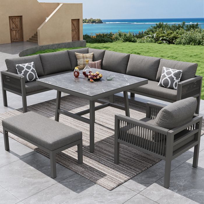 Salon de jardin modulable 8 places en fer gris avec table effet marbre