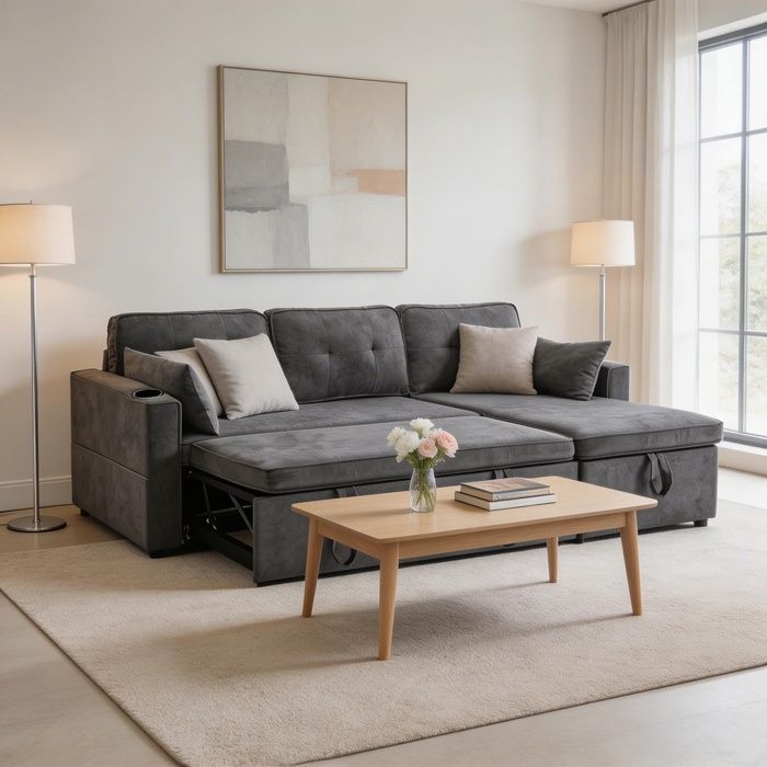 Canapé-lit - MINIMAL - N653P214938G - Méridienne réversible - Coffre de rangement - Porte-gobelets Canapé-lit - MINIMAL - N653P214938G - Méridienne réversible - Coffre de rangement - Porte-gobelets