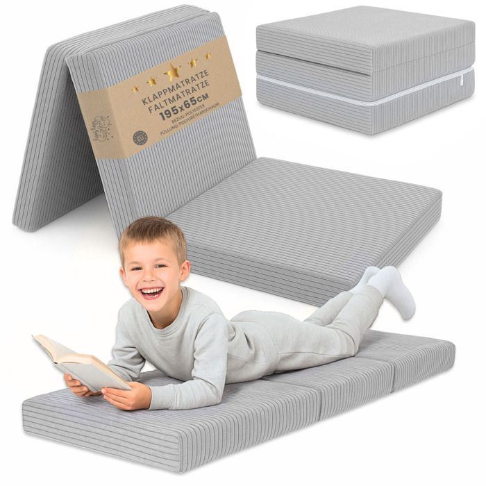 Matelas Pliant Enfant Pliable - 65x195 cm Couchage d’Appoint Invité Couchage de Sol Chambre Enfant Matelas avec Housse Gris Clair