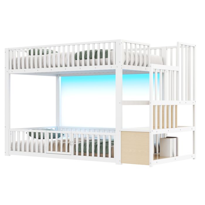 Structure lit superposé 90x200 cm avec échelle de rangement et lumière LED blanche