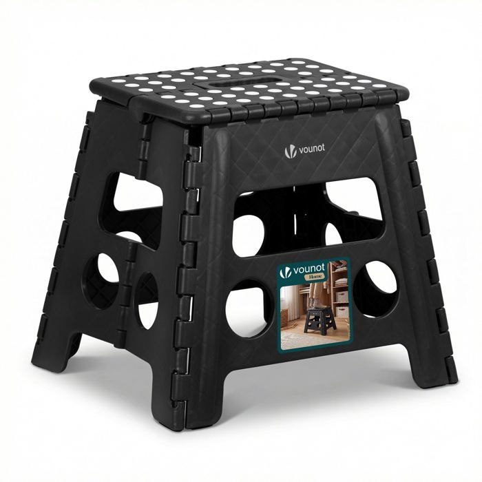VOUNOT® Tabouret pliant portable 37x30x32.5 cm - Marchepied pliable antidérapant avec poignée - Plastique - Noir
