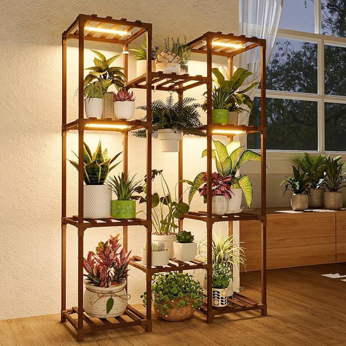 Support Pntes avec Lampe LED Étagère de Culture 8 Niveaux en Bois Meuble de Jardinage Intérieur Lampe de culture