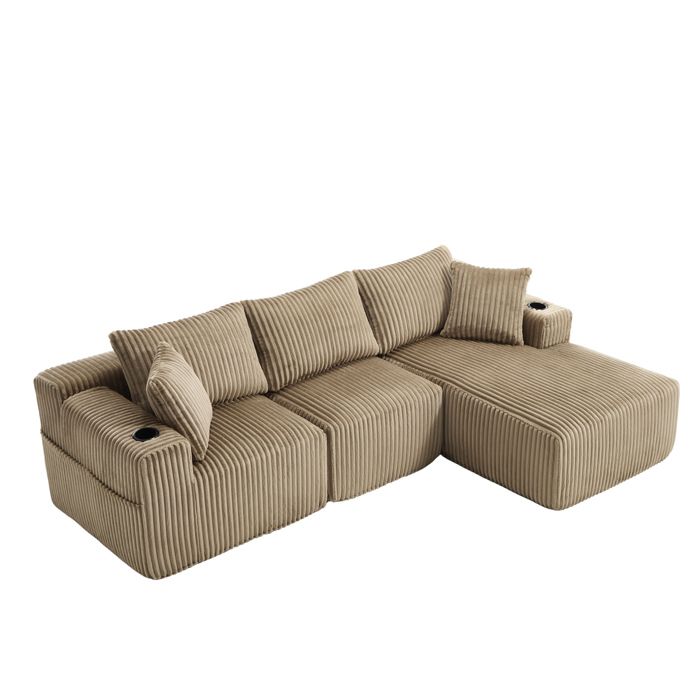 Canapé modulable avec chaiselongue & canapé 2 places tissu velours doux 5 coussins rangement latéral et porte-gobelets