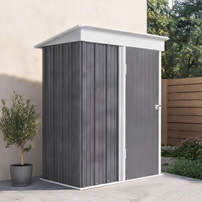 Abri de jardin 161x95 cm en acier ondulé gris avec étagères réglables et porte verrouillable