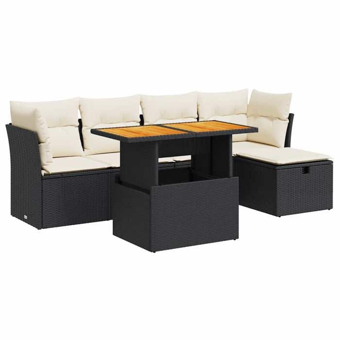 VD Salon de jardin 6 pcs avec coussins noir résine tressée acacia Mobilier outdoor @EU15050BONE