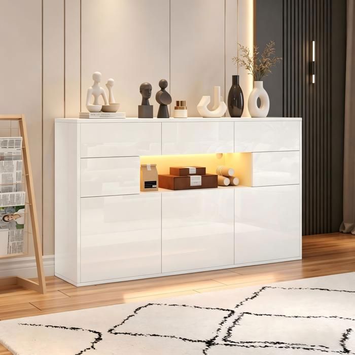 Buffet de Salon - HOMVRA - 140x30x82 cm - 3 Tiroirs et 5 Placards - Éclairage LED - Laquée Brillante - Blanc