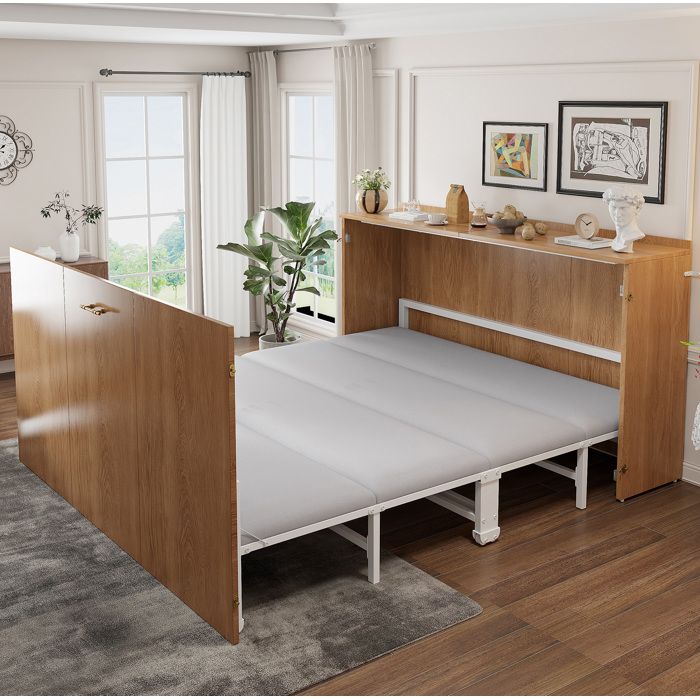 Lit escamotable 140 x 200 cm avec matelas inclus lit armoire gain de place en bois et métal à roulettes silencieuses