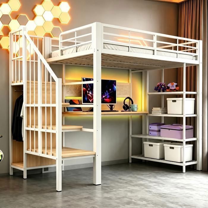 Lit Mezzanine - SOGEU - Lit mezzanine avec bureau et escalier - 90x200 cm - Bureau & rangements - LED + prises