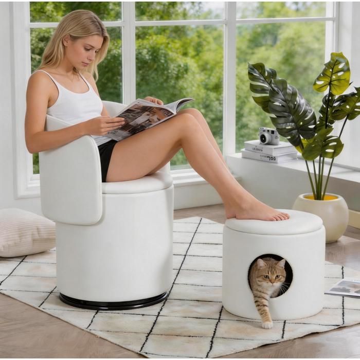 Modenuit fauteuil tonneau pivotant 360° en velours blanc avec rangement intégré et pouf chat inclus