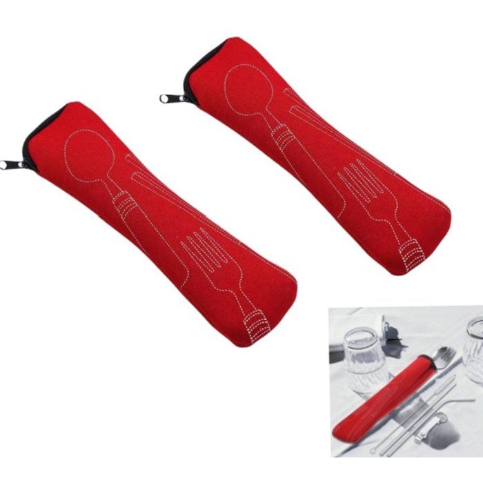 Lot de 2 trousses à couverts zippées rangement portable 65 x 20 cm pour camping voyage pique-nique rouge