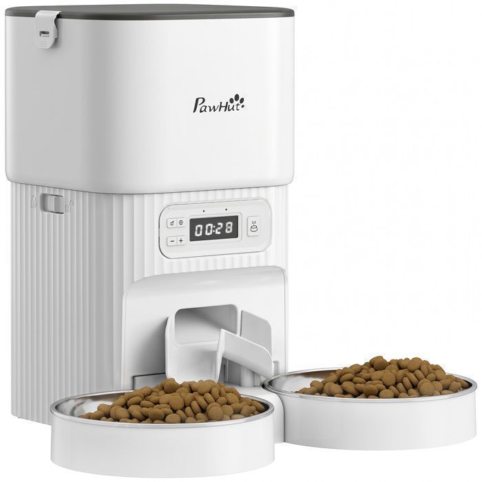 Distributeur croquettes 4L minuteur 2 bols inox 1 à 6 repas programmables anti-bourrage alimentation secteur ou piles.