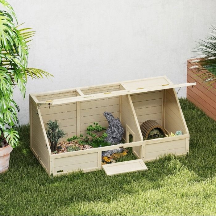 Enclos dextérieur pour tortue en bois naturel sans fond 120 x 55 x 20/50 cm avec dessus ouvrants