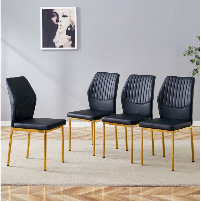 Lot de 4 chaises de salle a manger en PU noir avec pieds dores en metal dossier rainure vertical 43 x 426 x 93 cm