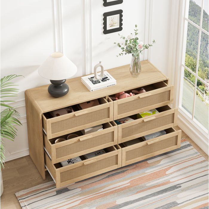 VEVXYN commode 6 tiroirs meuble de rangement 130 x 40 x 74 cm rotin naturel moderne coins arrondis salon chambre cuisine