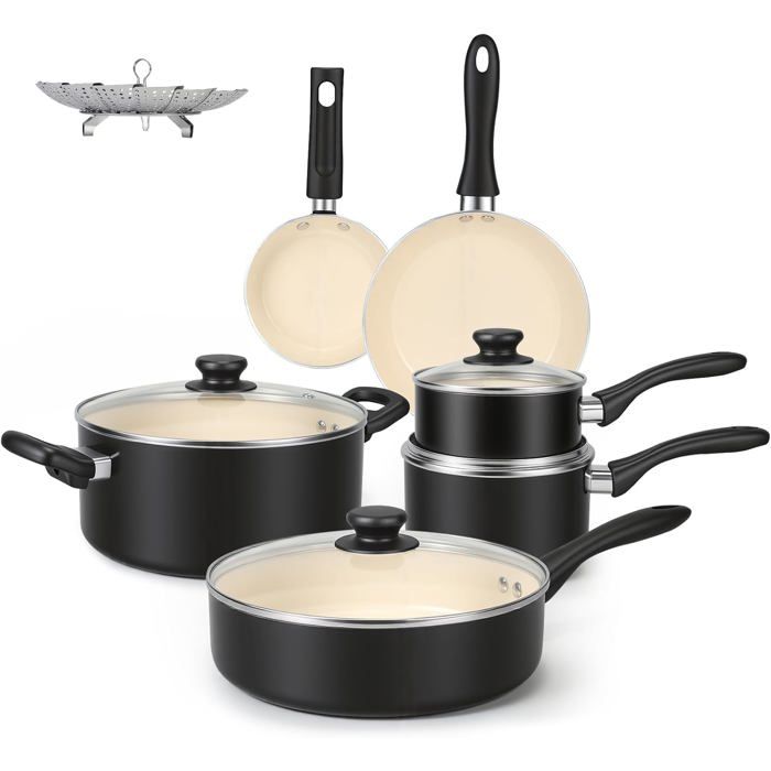 Lot de 11 Pièces Batterie Antiadhésive Céramique - Poêles Casseroles Sauteuse Faitout Cocotte Couvercle - Noir et Crème