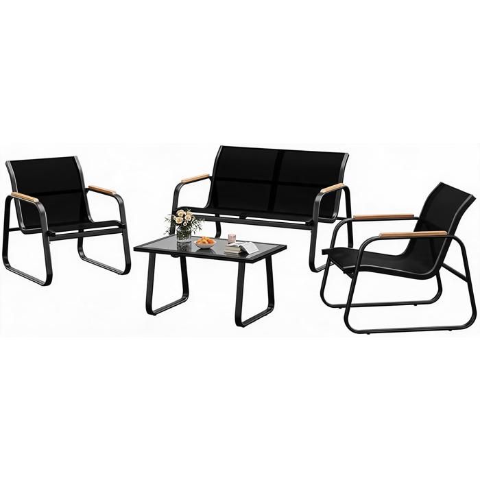 Salon de jardin 4 pièces - Canapé 2 places + 2 fauteuils + table basse - Textilène acier - Jardin balcon - Noir
