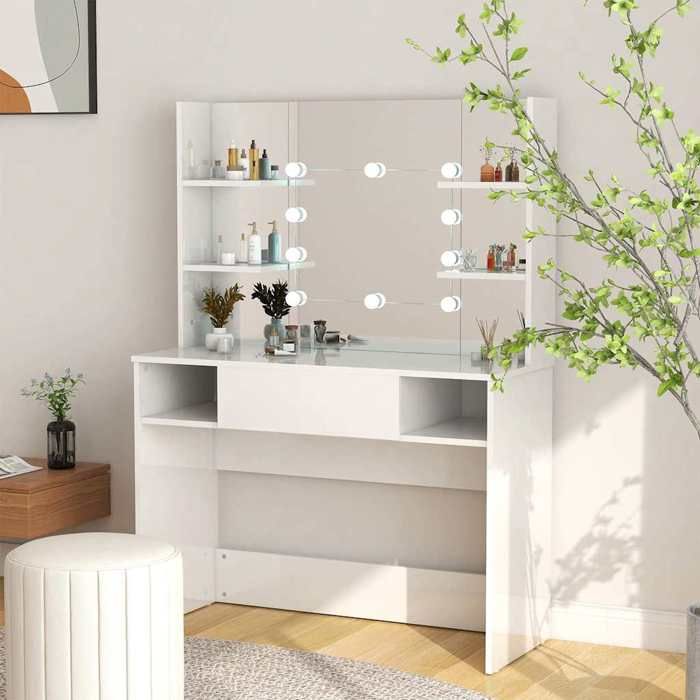 Blanc Table de maquillage avec éclairage LED MDF Blanc brillant - Meuble Rangement LV29428