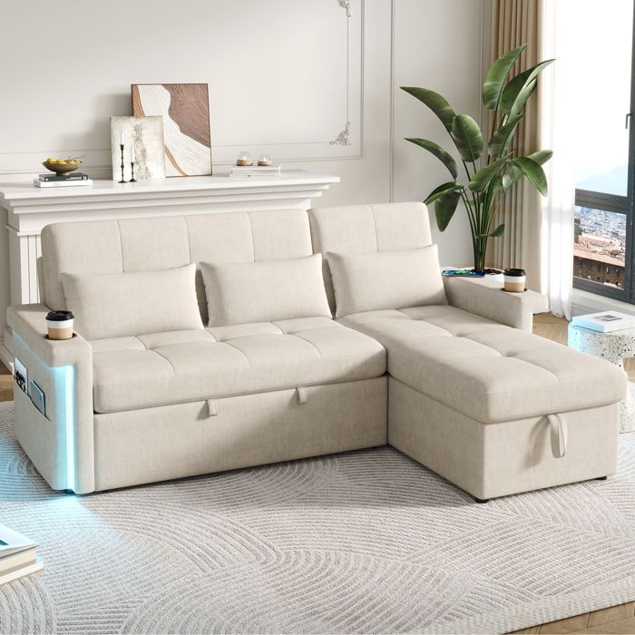 Canapé dangle convertible - ZEVKOR - Modèle Canapé dangle - Chenille beige - Couchage quotidien - LED & ports USB