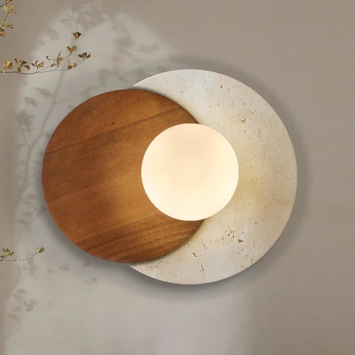 Applique murale travertin - Lampe wabi-sabi pierre et bois avec globe G9 pour salon et couloir (Blanc chaud 30x25x15 cm)